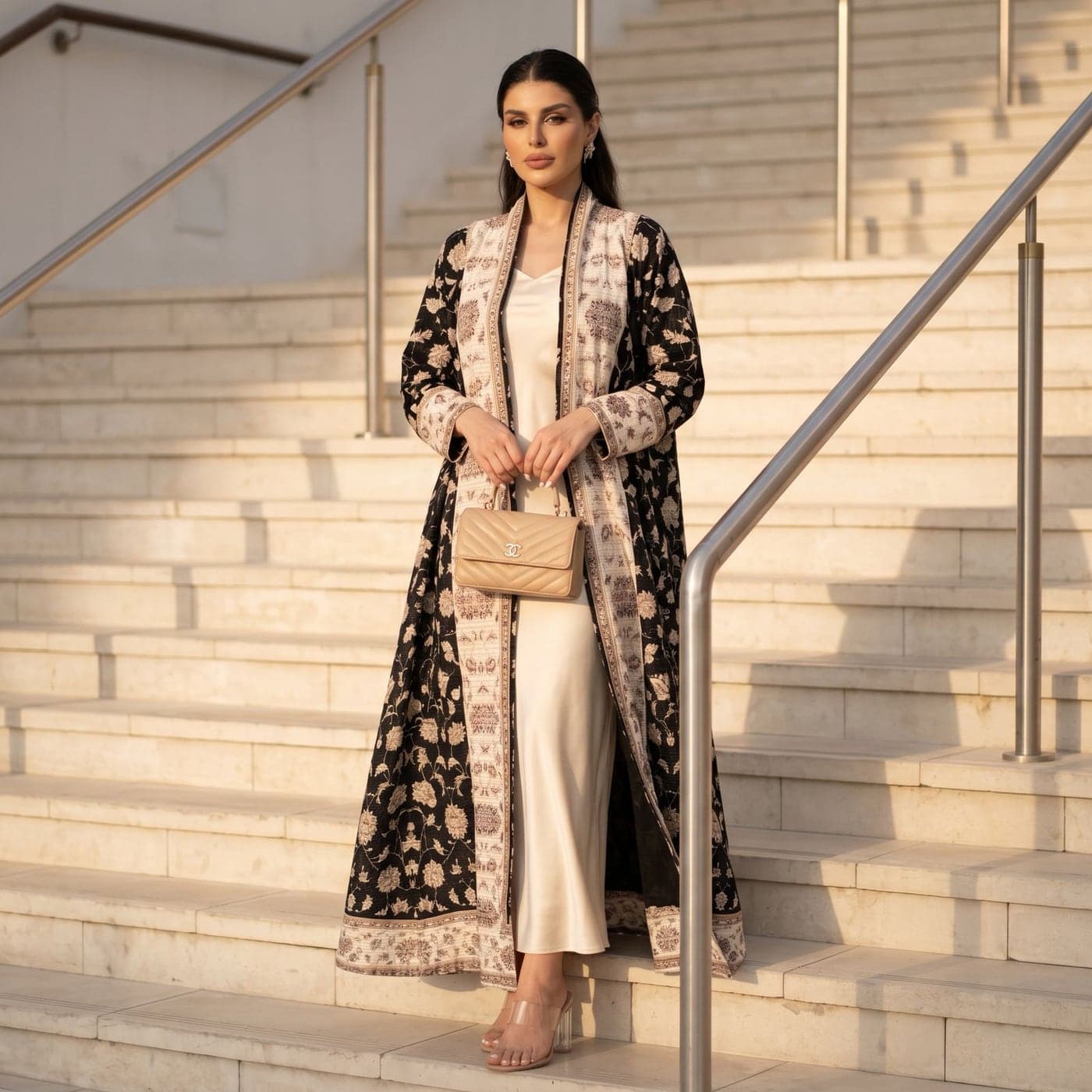 MAZAL 2026 — a model in an embroidered abaya on a marble staircase.